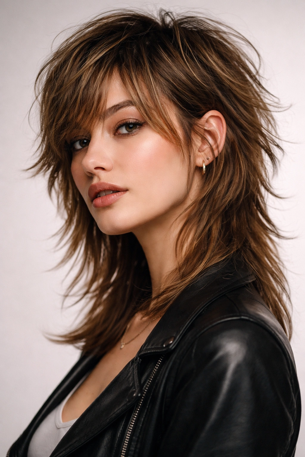 Portrait of a choppy mullet with textured volume and back layers blending into longer front pieces.