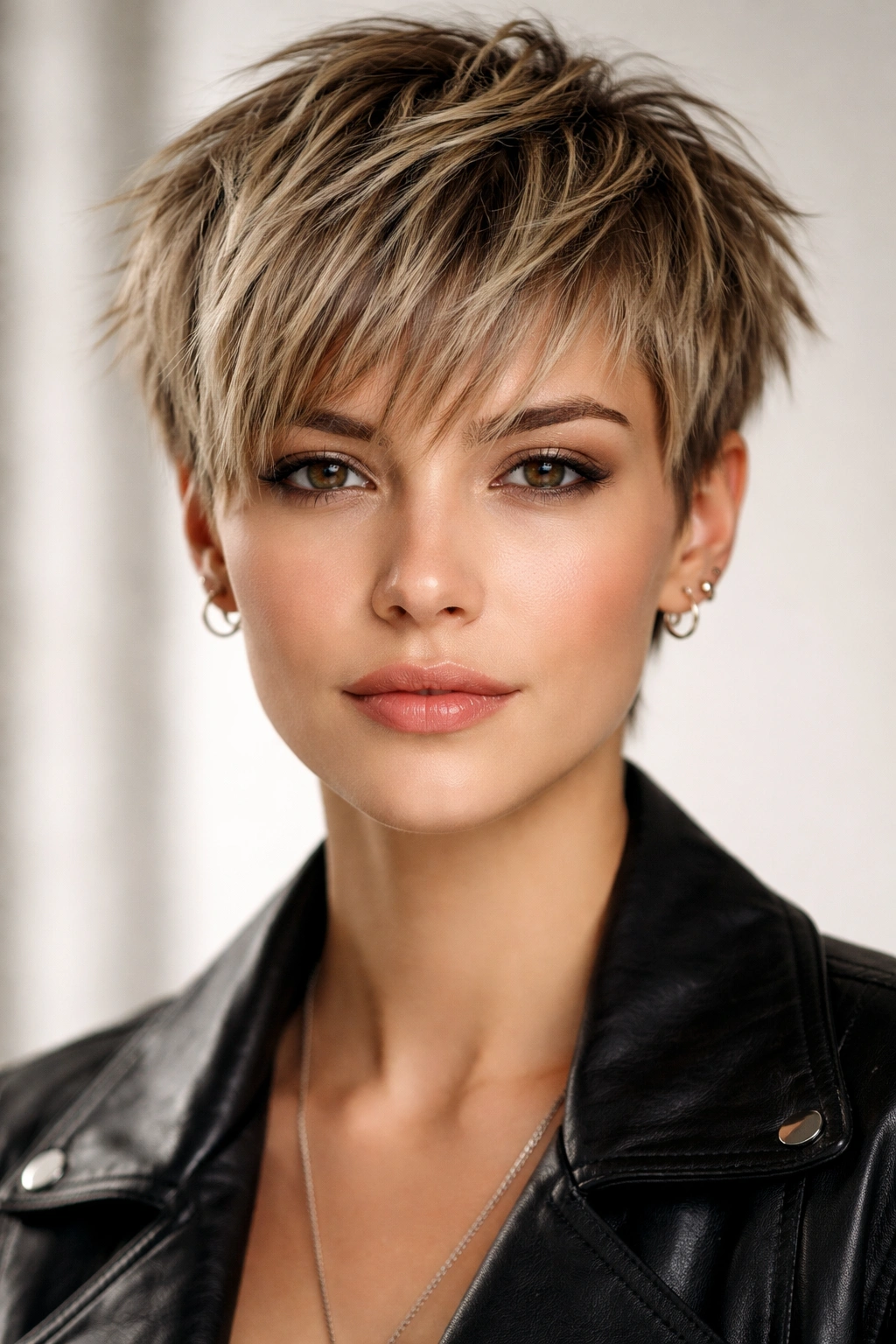 Choppy pixie with bangs blending into texture in studio portrait
