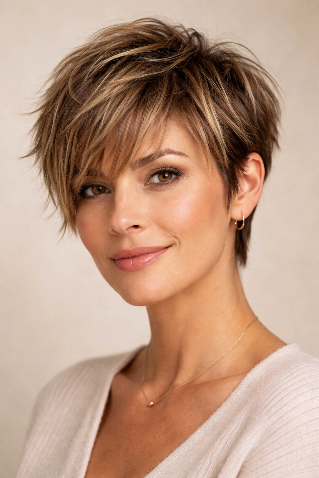 Choppy pixie with longer bangs, textured layers and movement.