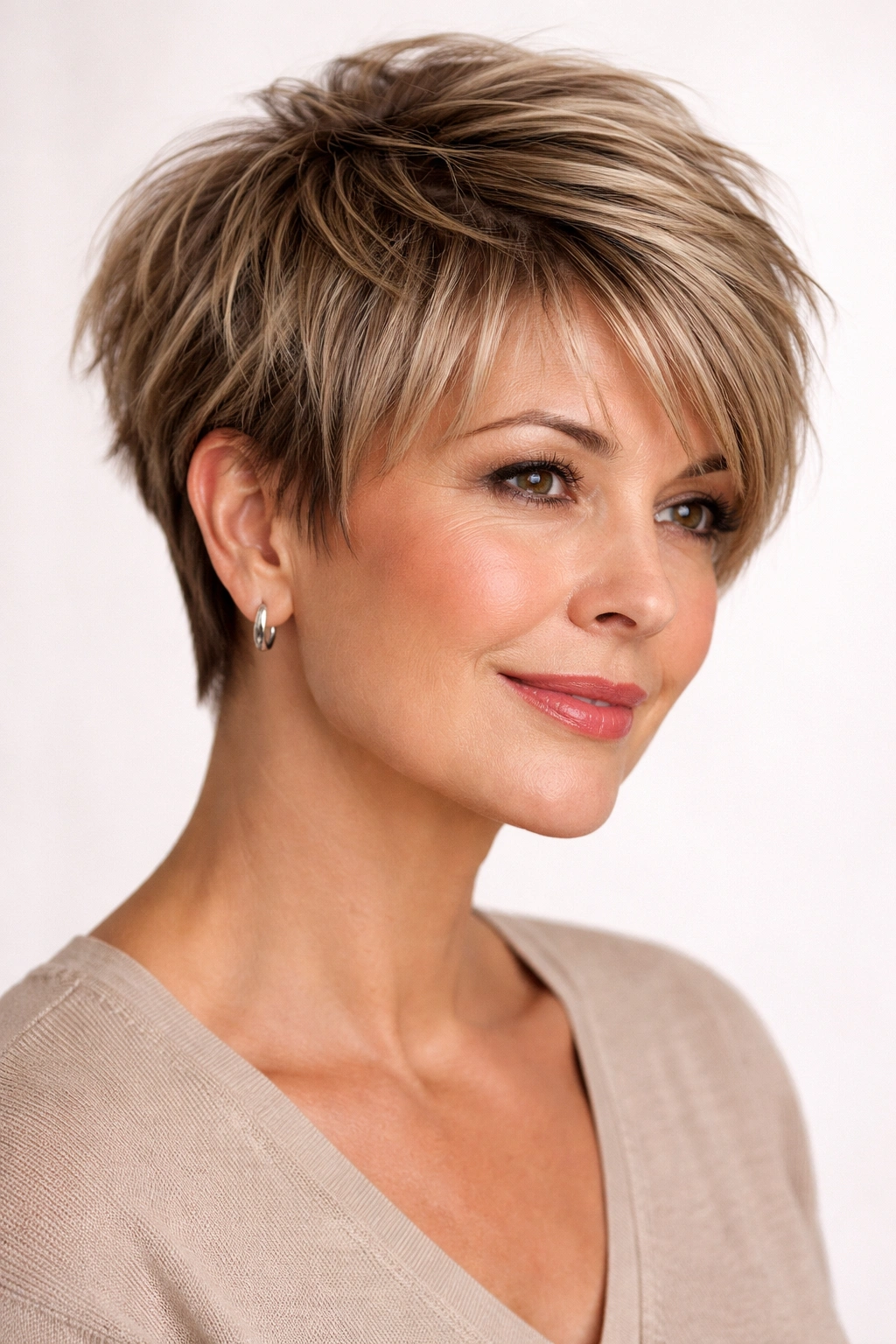 Head-and-shoulders of choppy pixie-bob hybrid with textured top