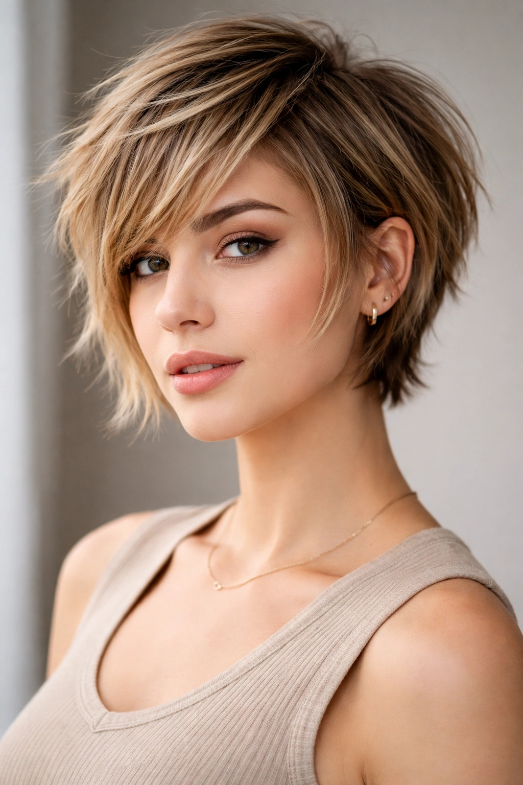 Choppy pixie-bob hybrid with chin-length layers and edgy texture