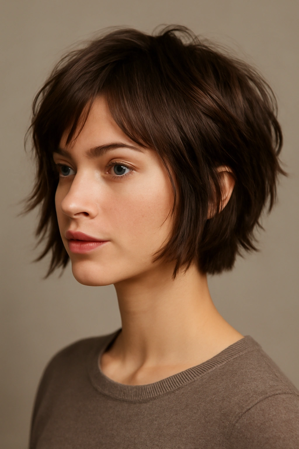 Three-quarter view of a choppy pixie bob with face-framing layers