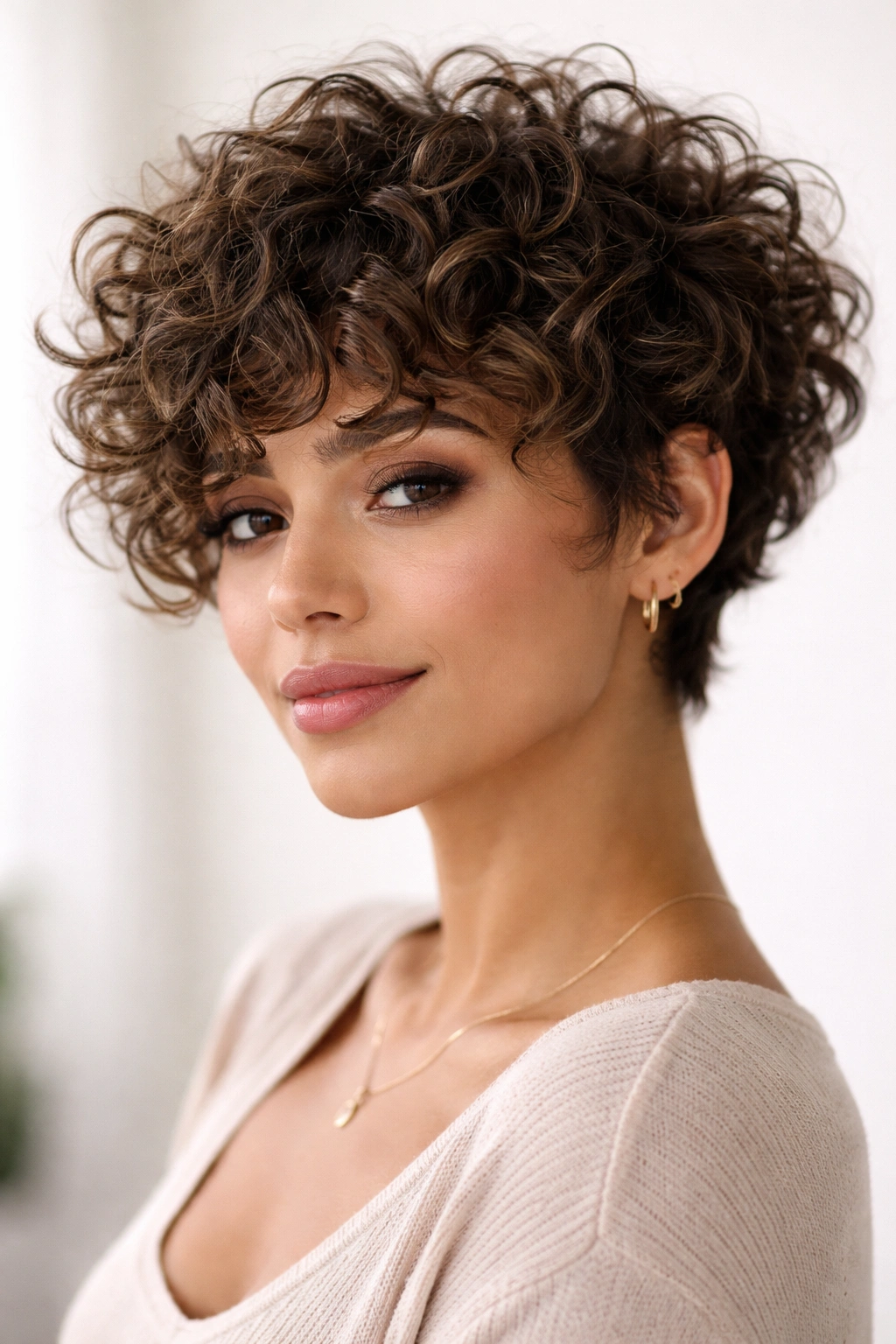 25 Bob Cuts Matched To Your Face Shape And Hair 20 Close-up portrait of a person with a short choppy pixie-bob and defined curls