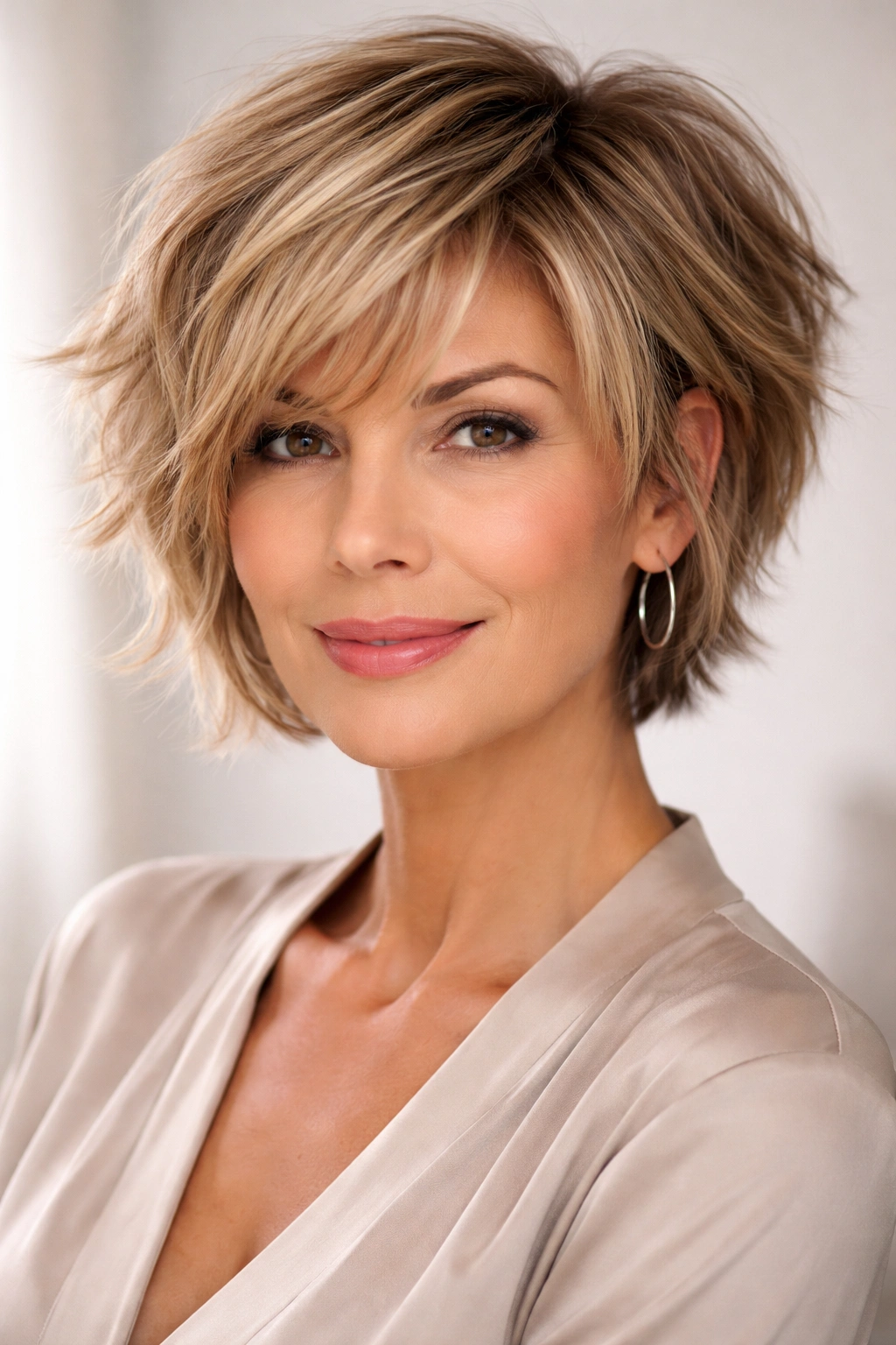 Chin-length choppy pixie bob with textured, voluminous layers in a studio portrait