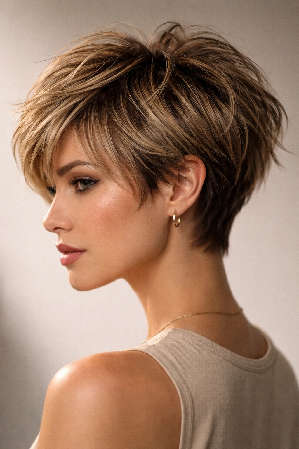 12 Short Haircuts With Long Layers That Flow Nicely 1 Close-up of a model with a choppy pixie bob showing jagged top layers and longer back.