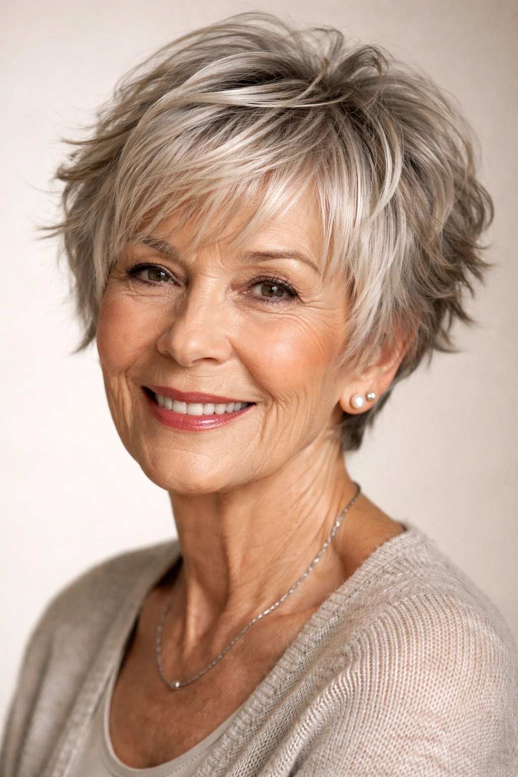 Portrait of a woman with a choppy pixie bob and highlights