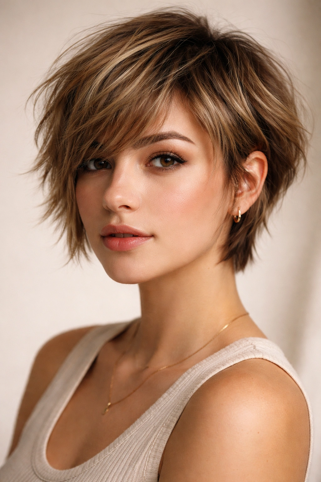 12 Pixie Cuts That Look Great On Rounder Faces 4 Choppy pixie-bob hybrid with undone texture around the sides and top.