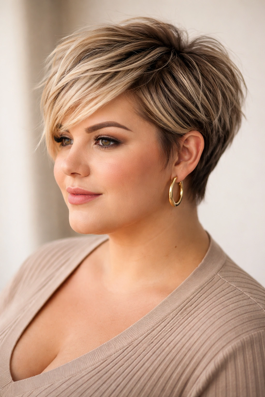 15 Flattering Short Haircuts For Plus Size Women 5 Portrait of a model wearing a choppy pixie-bob hybrid with textured layers.