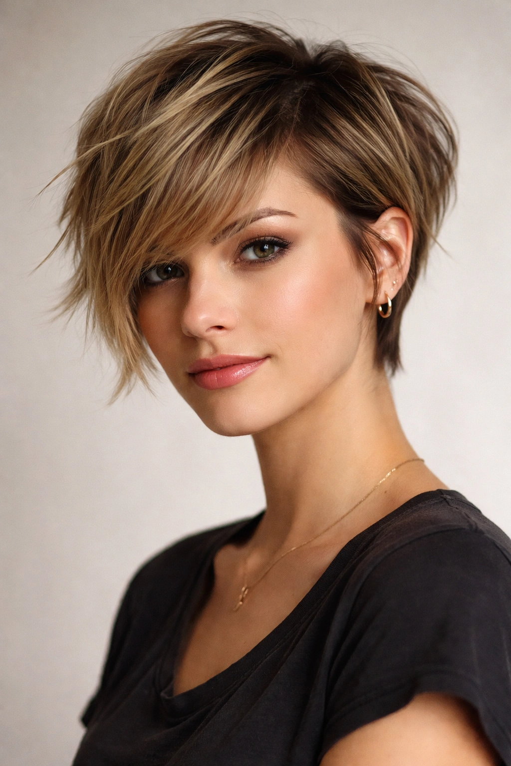 15 Medium Short Haircuts With Bangs That Flatter 2 Portrait of a model with a choppy pixie bob and side-swept bangs in studio