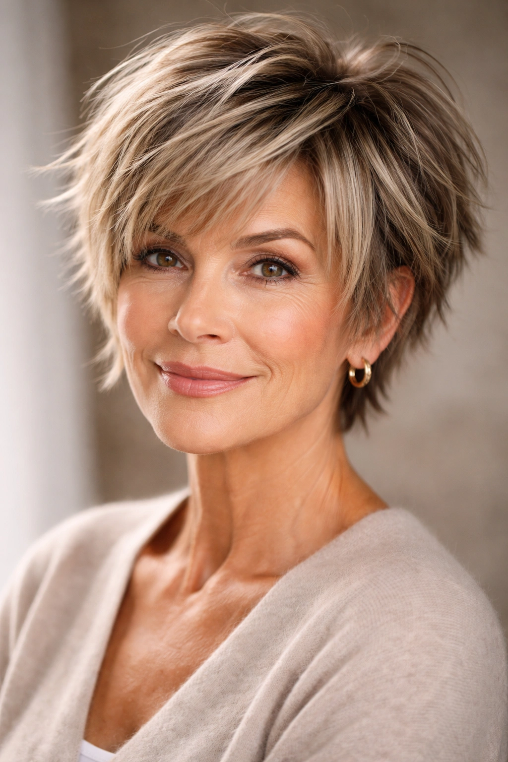 Portrait of a person with a choppy pixie-bob haircut showing textured layers