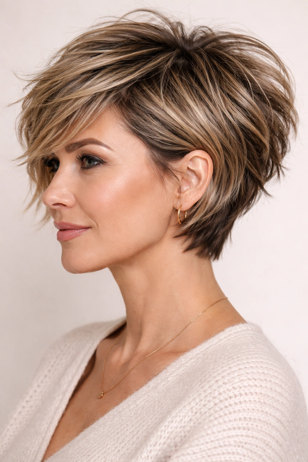 Close-up of a thick-haired model with a choppy pixie bob showing texture