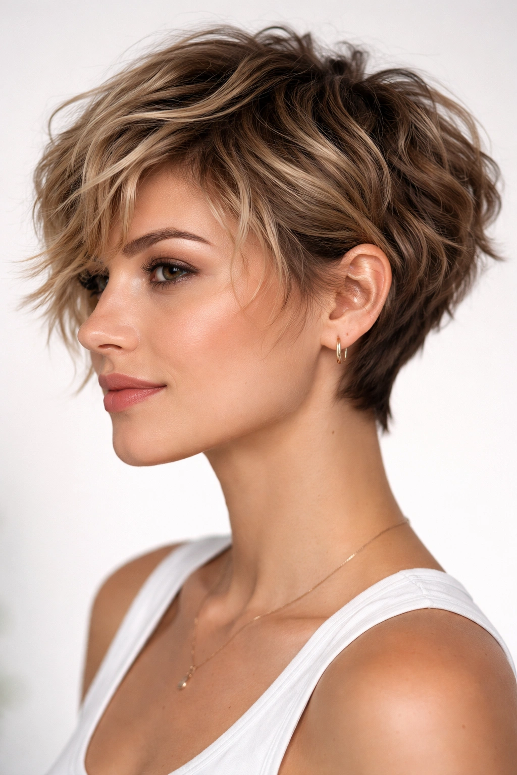 Close-up of a choppy wavy pixie bob with uneven textured layers