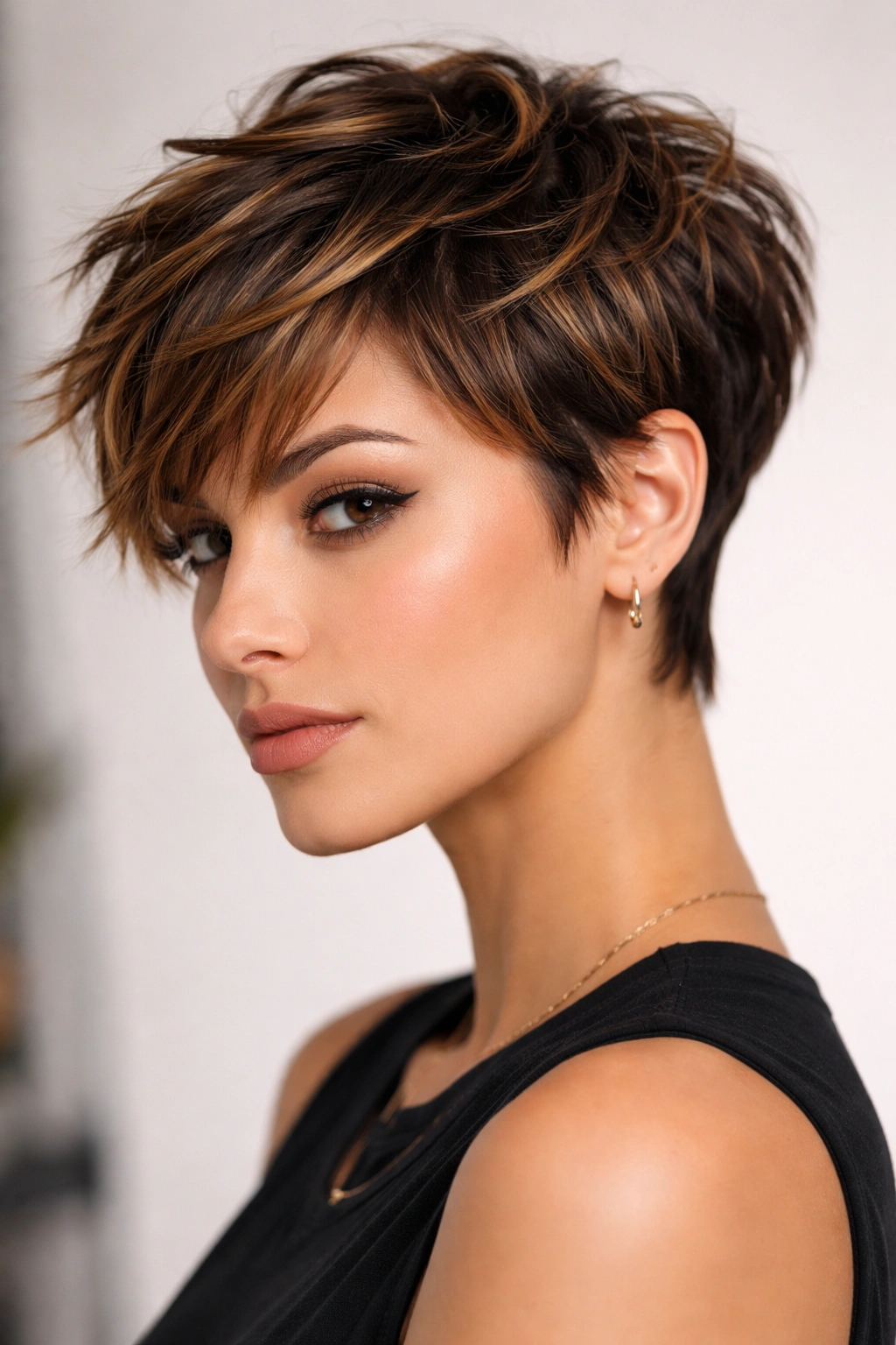 Close-up of choppy pixie cut with caramel highlights showing texture
