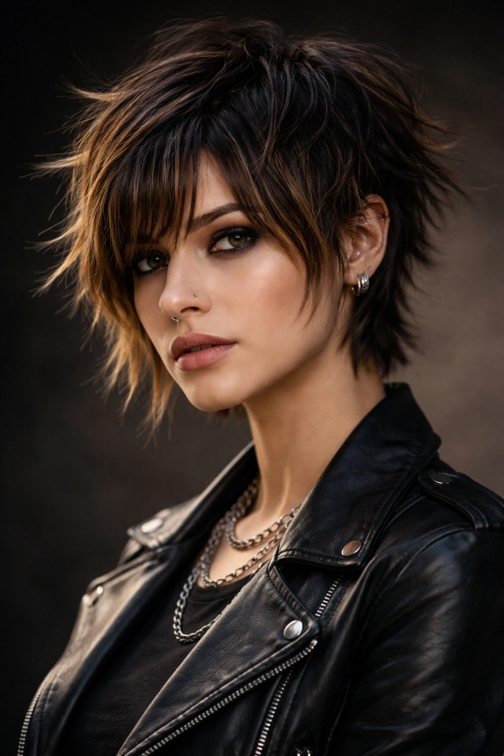 12 Short Haircuts Styled With Curtain Bangs 6 Portrait of a person with a choppy pixie and rocker curtain bangs showing bold texture