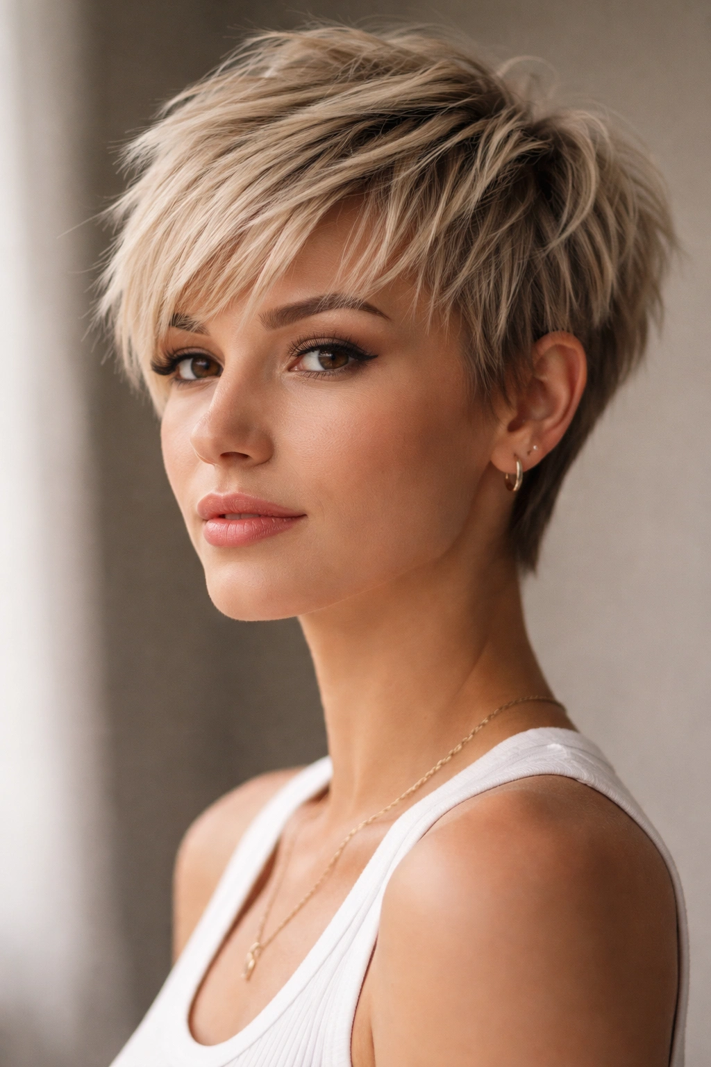 15 Short Haircuts That Work Best On Straight Hair 8 Close-up of straight-hair head with choppy pixie cut showing textured layers