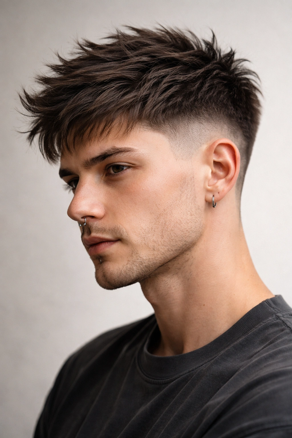 Close-up portrait of a man with a choppy pixie fade highlighting the fade and textured top.