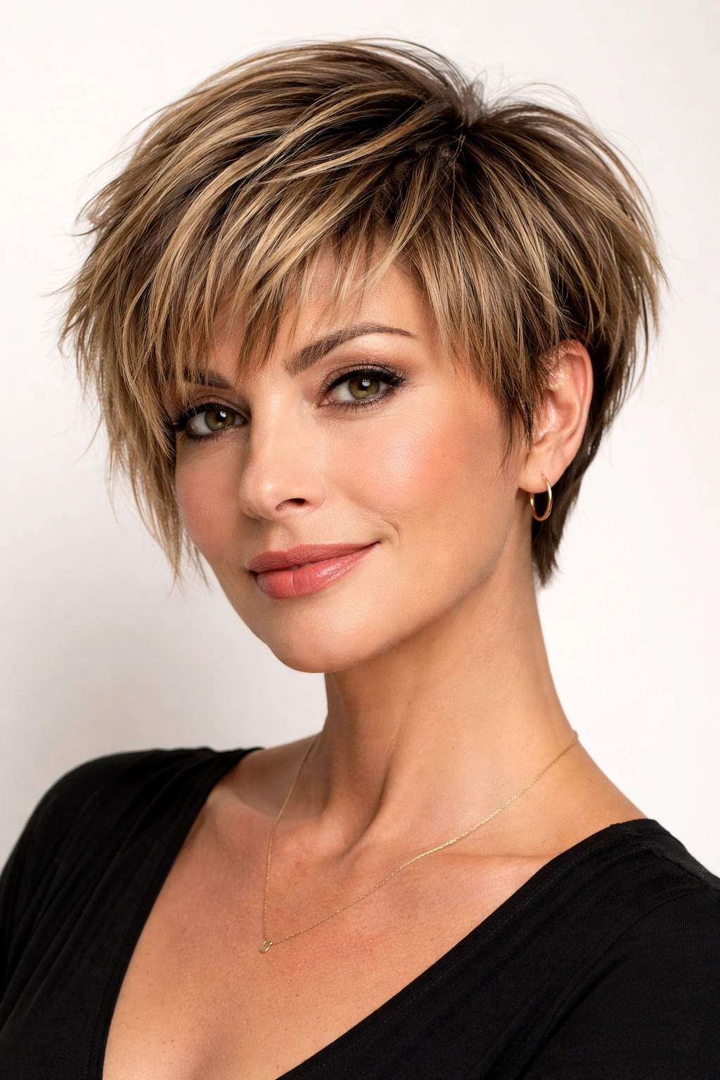 Close-up of a woman with a choppy pixie bob and textured fringe