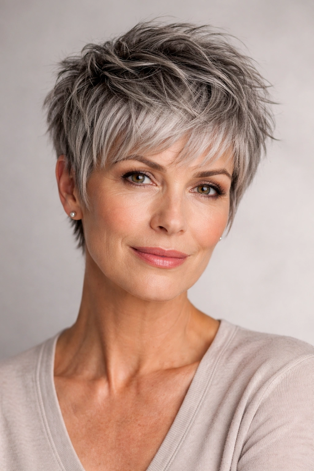 Close-up of a choppy pixie highlighting cheekbones and jawline