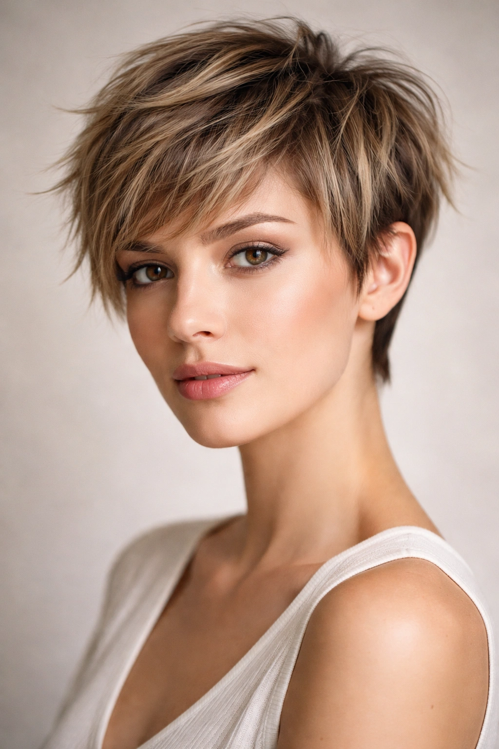 Choppy pixie haircut with textured layers on an oval-face model