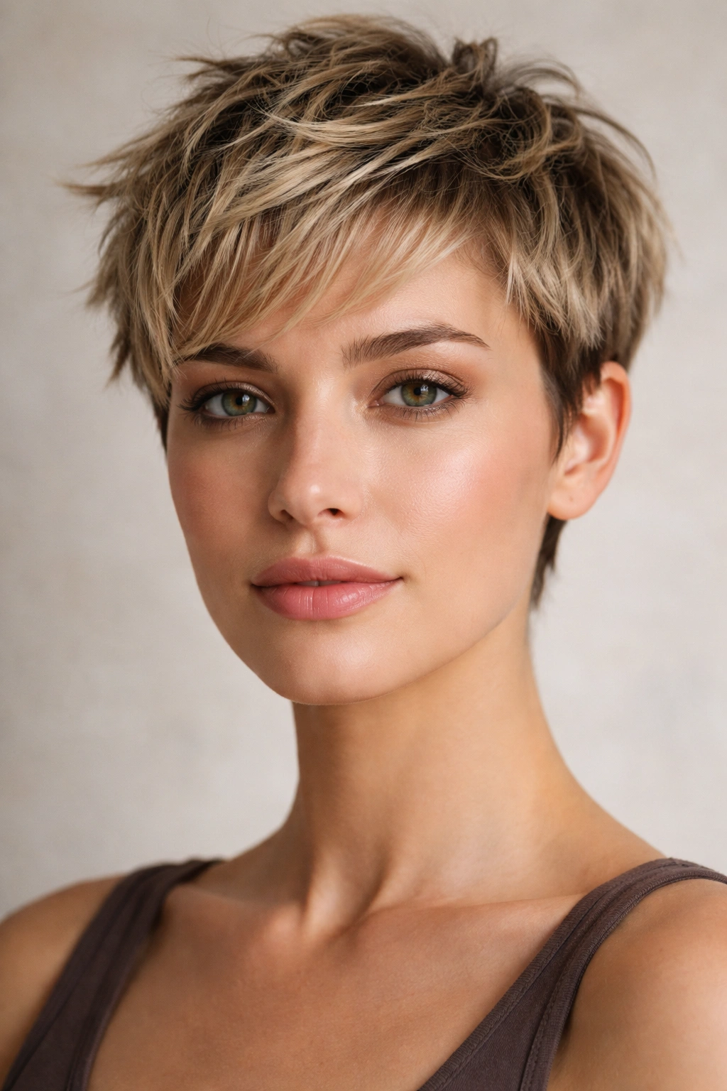 Choppy pixie hairstyle with uneven layers and texture