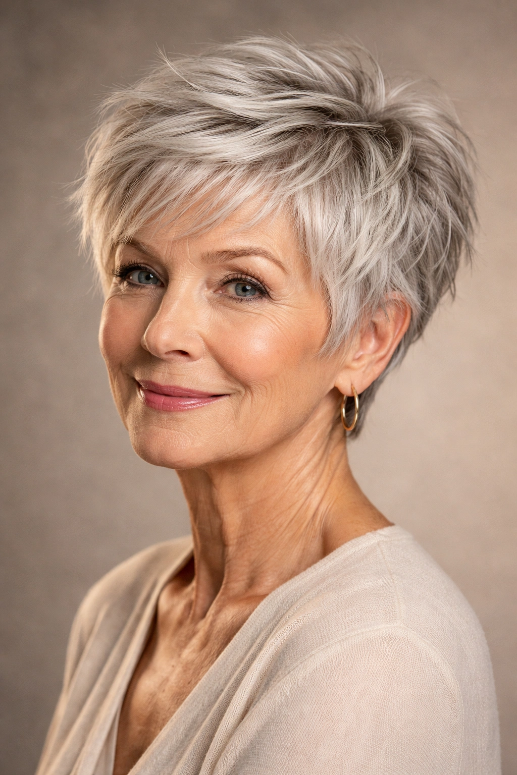 Choppy pixie hairstyle with textured layers and a short back on a neutral backdrop