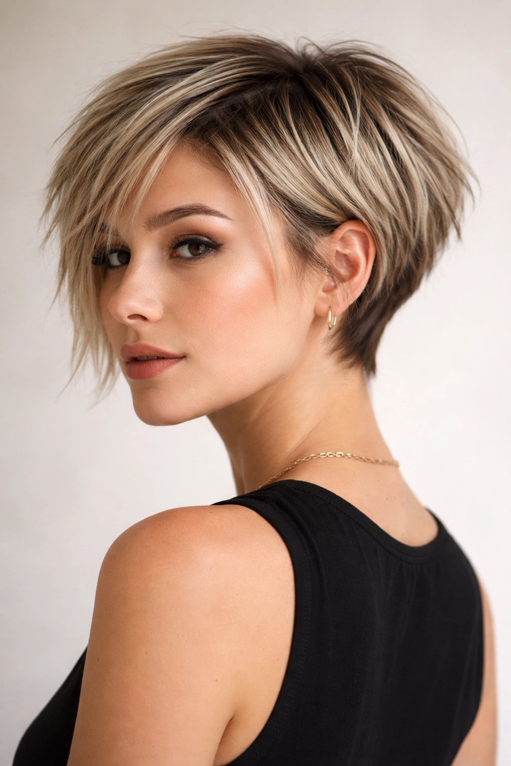 Close-up of a model with a choppy pixie-length inverted bob, highlighting short back and jaw-length front layers.