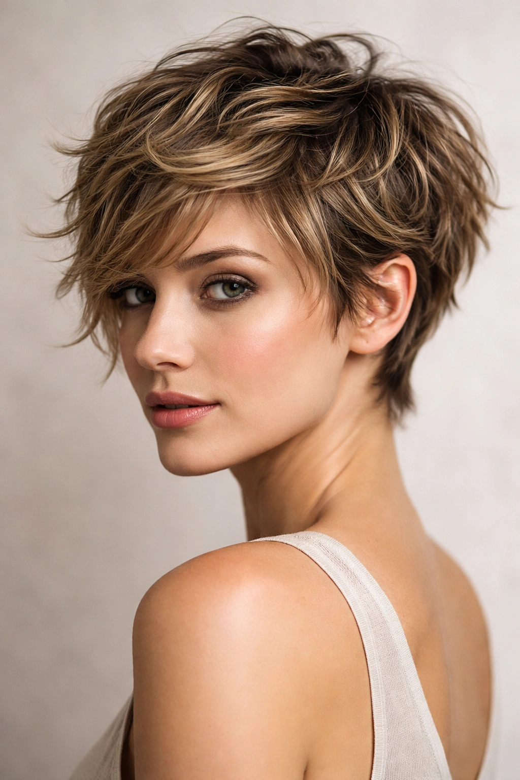 Choppy layered pixie with pronounced texture and light play.