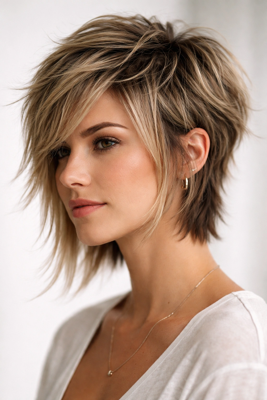 20 Long Face Hairstyles With And Without Bangs 8 Choppy textured crown to front-layer transition hairstyle with face framing