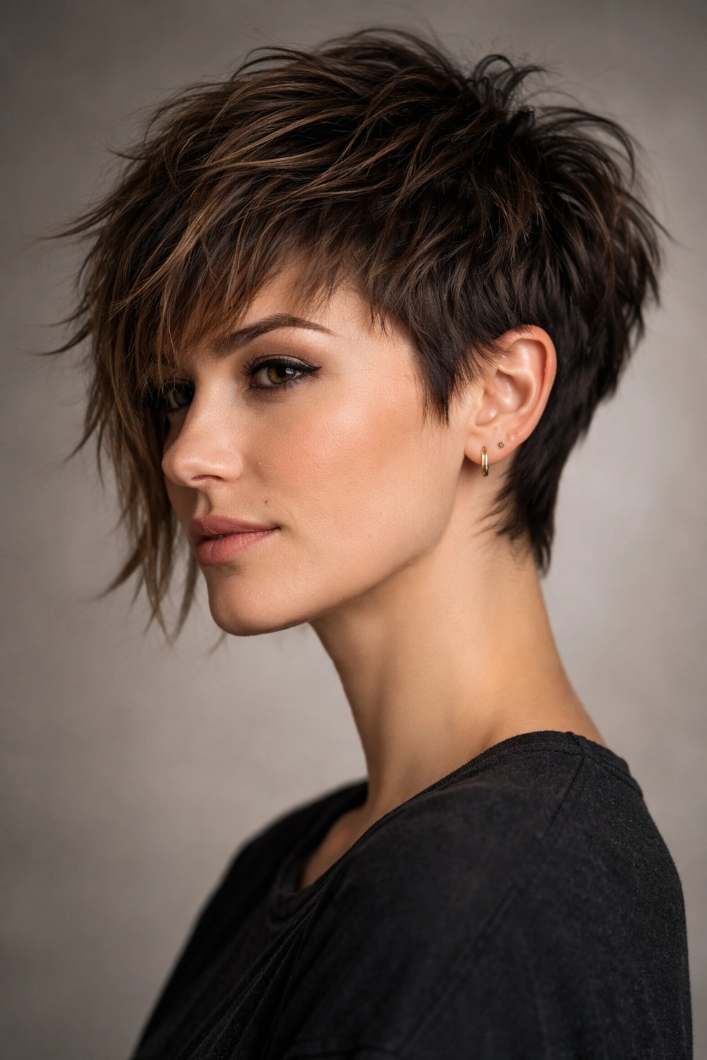 Portrait of The Choppy Pixie with Long Sides showing short back and longer textured sides