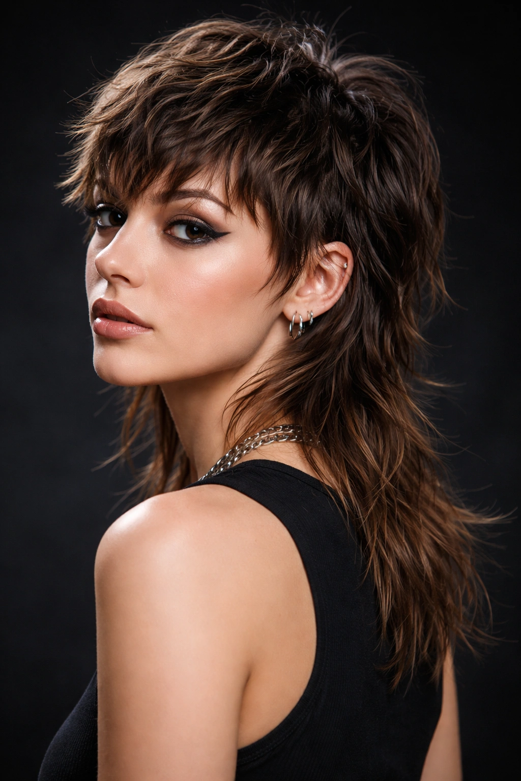 Choppy pixie mullet with short textured front and longer choppy back on a model.