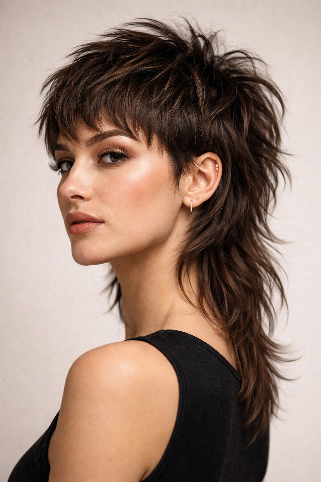 Choppy pixie mullet with shorter front and longer back in studio portrait