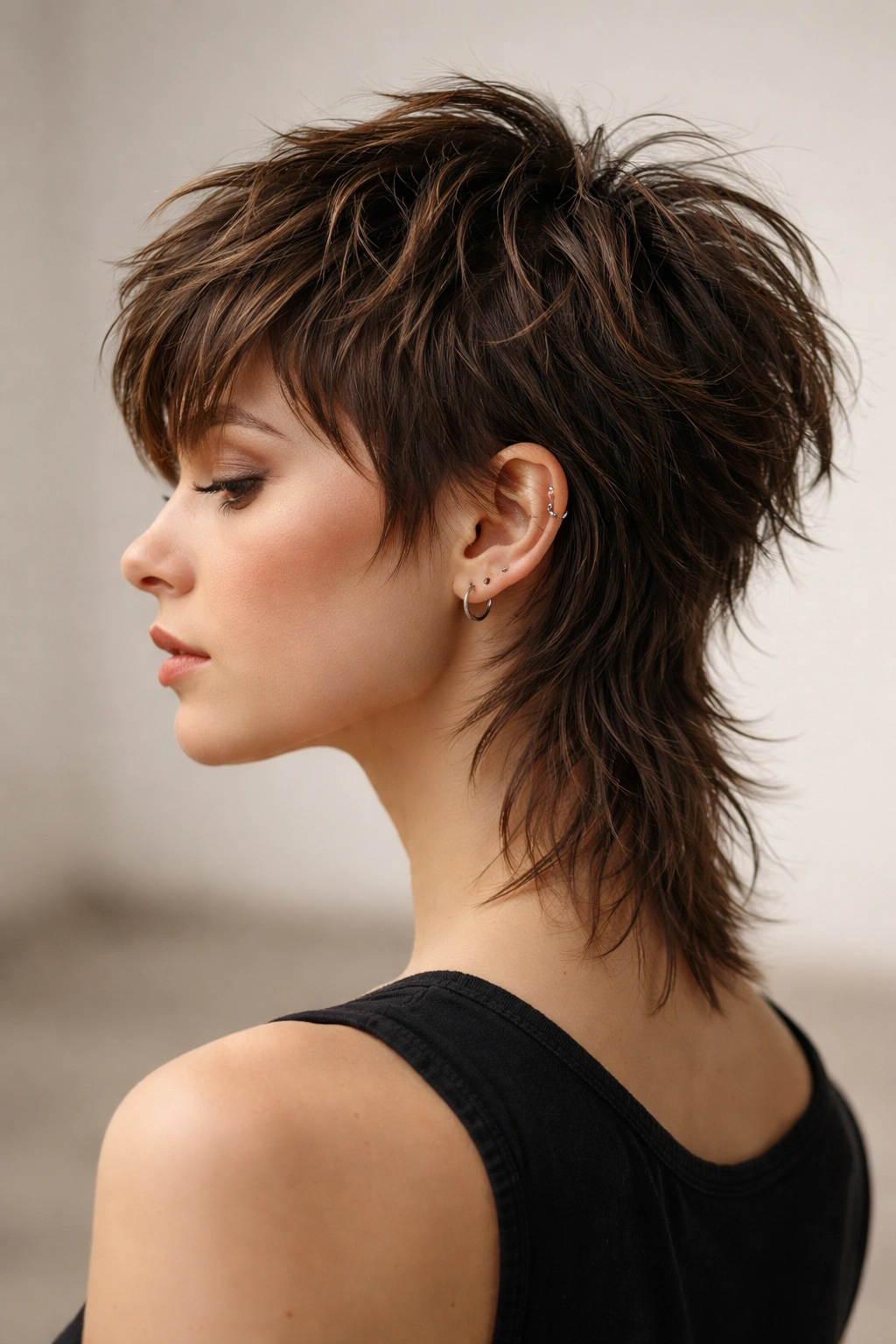 Side view of a choppy pixie-mullet with short top and longer back