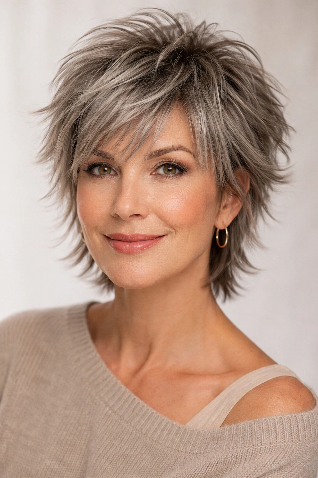 Close-up of a woman with a choppy pixie-shag hairstyle showing crown lift and textured layers