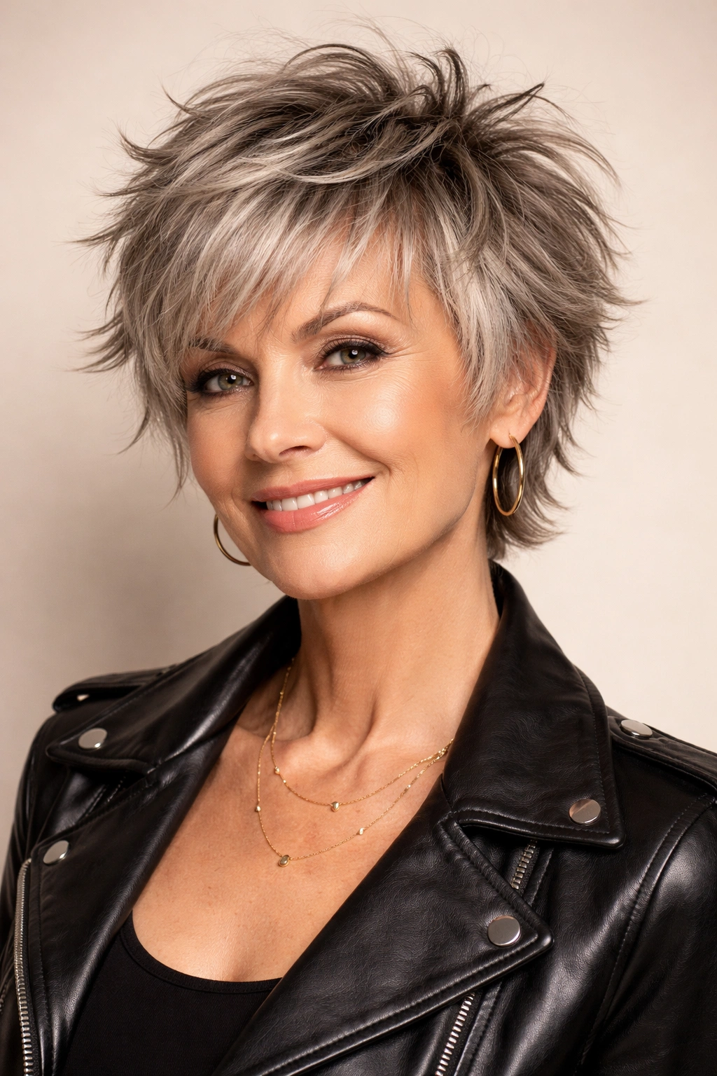 Model with a choppy pixie shag showing textured short layers