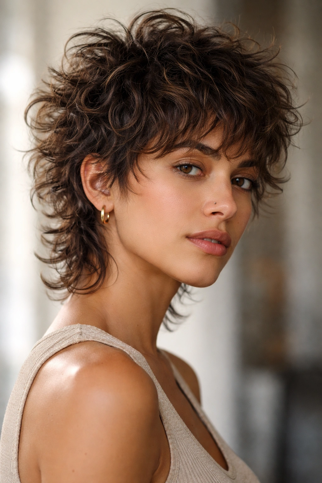 20 Short Curly Haircuts That Look Incredible 13 Close-up head-and-shoulders portrait of The Choppy Pixie Shag with short crown and shaggy back