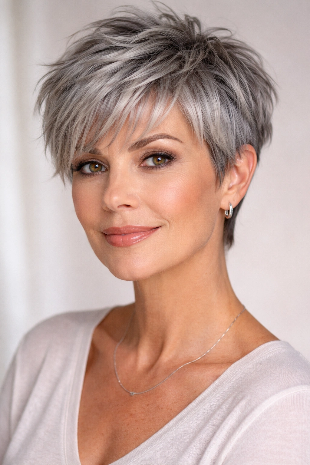 Choppy pixie hairstyle on silver-gray hair with textured layers in studio lighting