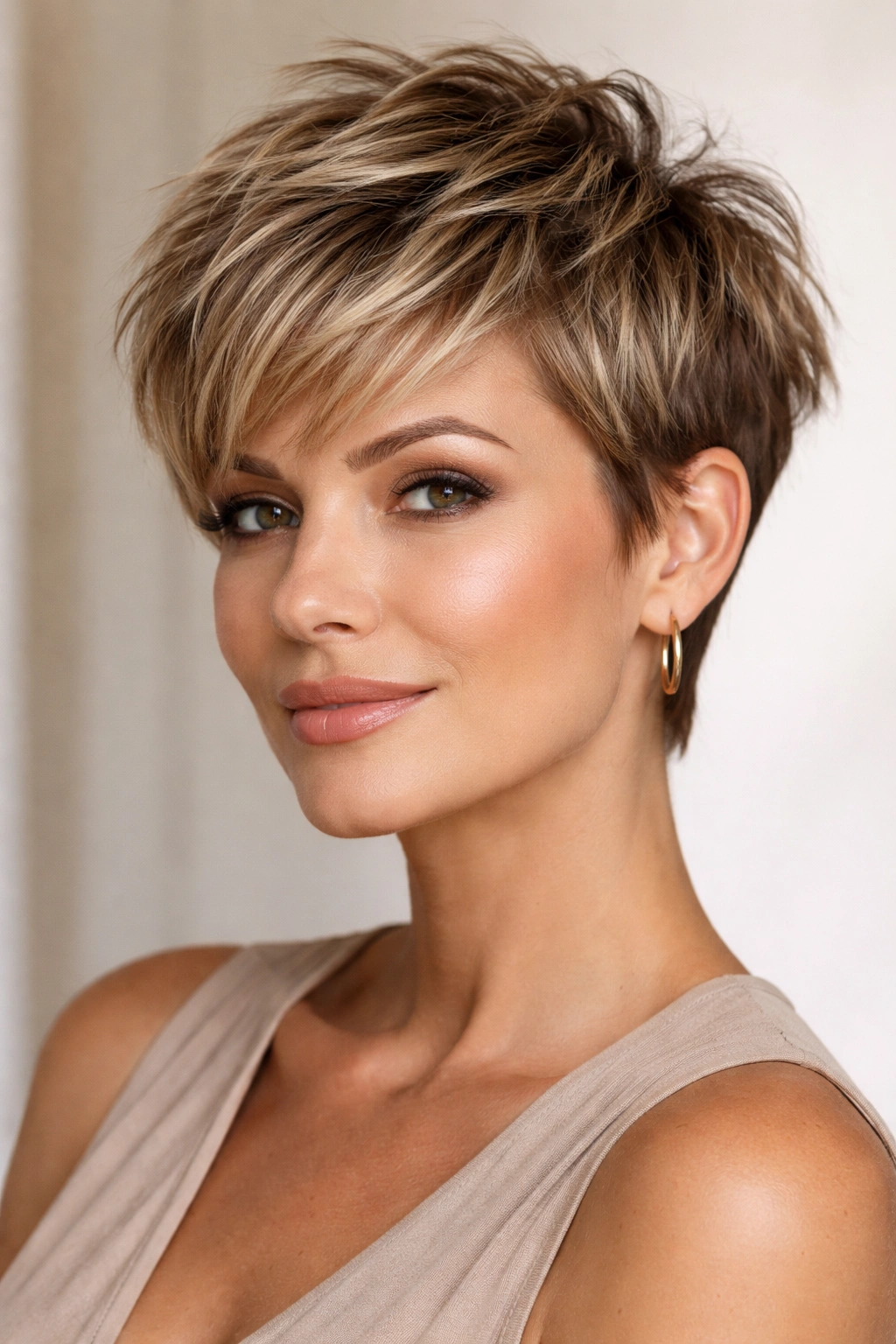 Choppy pixie-length cut with tapered sides showing edgy texture