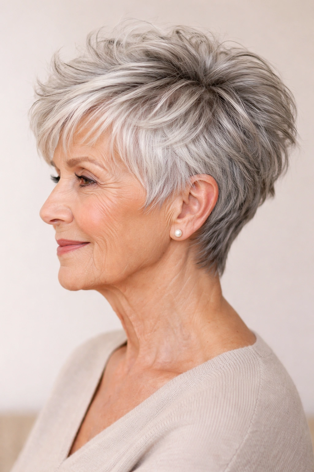 Elderly woman with a choppy pixie and textured top pieces