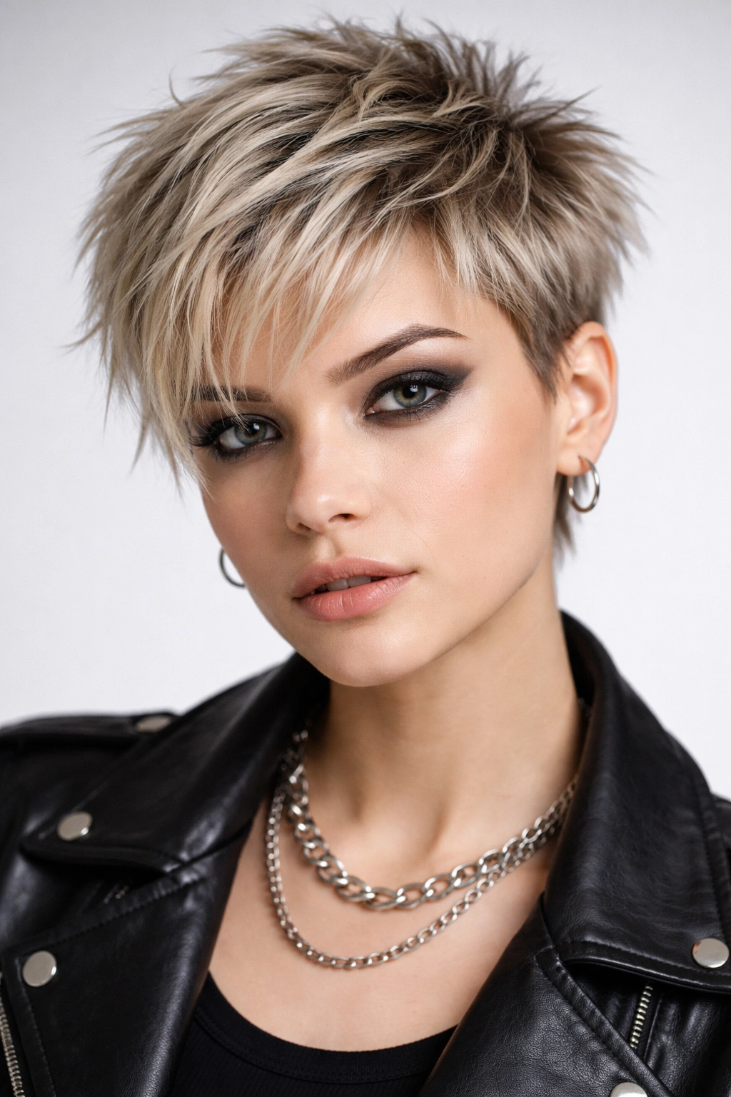 Close-up of The Choppy Pixie with layered texture and short sides.