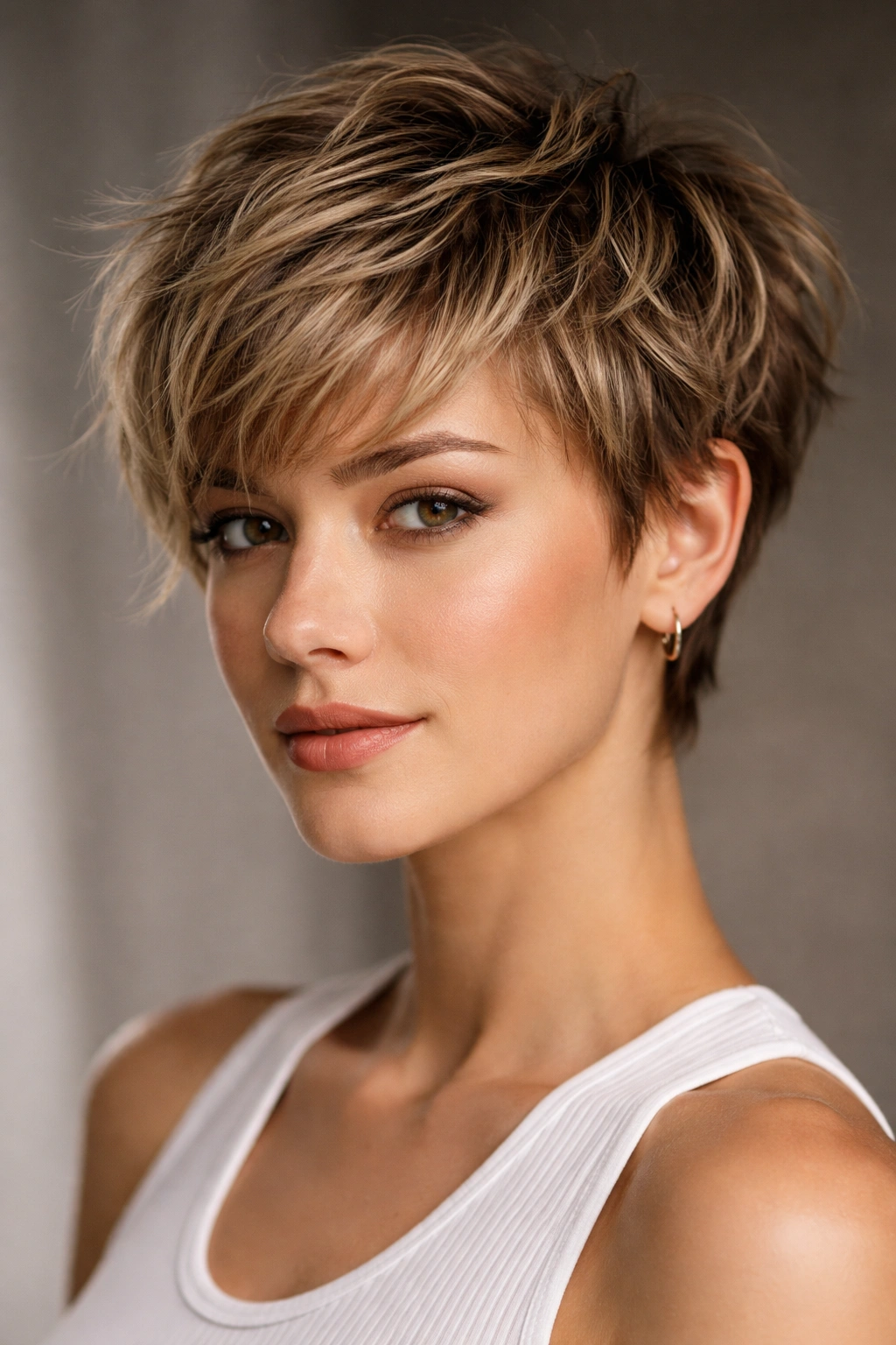 Short pixie cut with choppy textured layers and volume on top