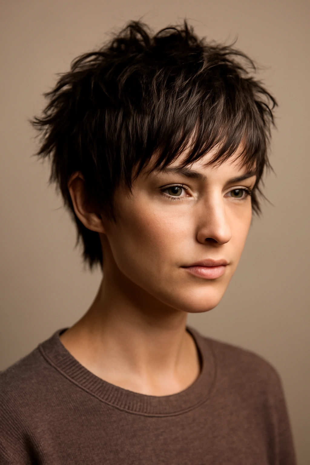 Close-up of a choppy pixie haircut with jagged layers and textured ends under studio lighting