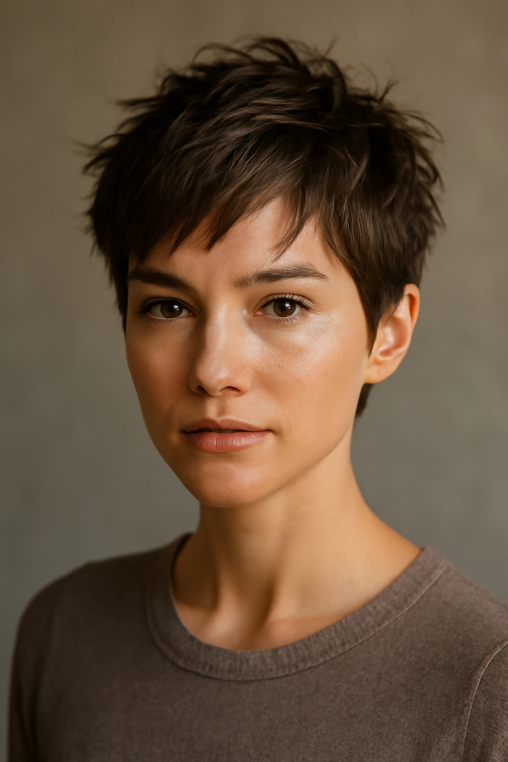 15 Short Pixie Cuts That Glow Up Your Look After 30 9 Close-up portrait of a woman with a choppy pixie crop and textured layers