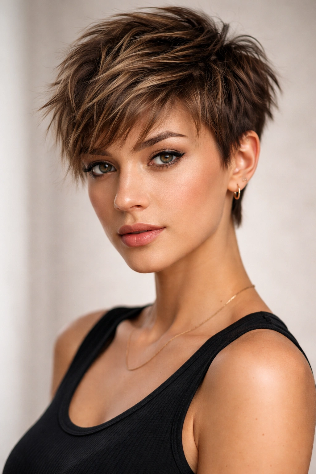 10 Funky Short Haircuts For Women Who Love Edge 3 Close portrait of a choppy textured pixie crop showing visibly layered pieces.
