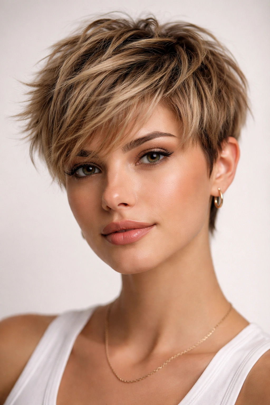 Close-up of a person with a choppy pixie, highlighting short textured layers and movement