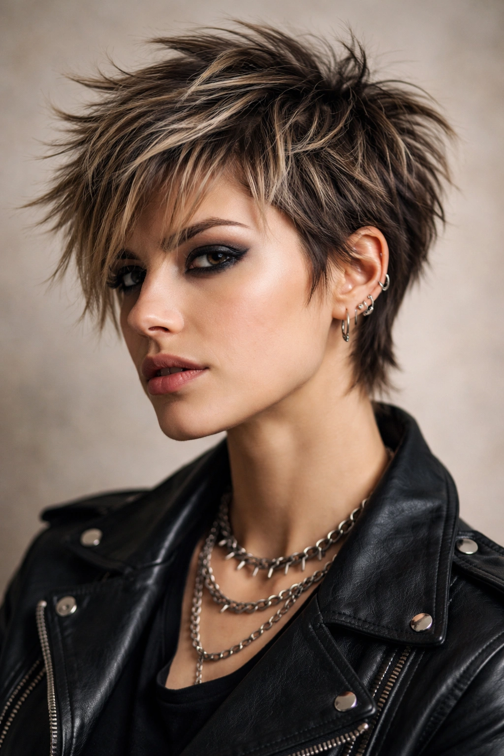 10 Rockstar Inspired Short Cuts For Edgy Women 5 Close-up portrait of a choppy pixie crop with longer textured pieces across the crown.