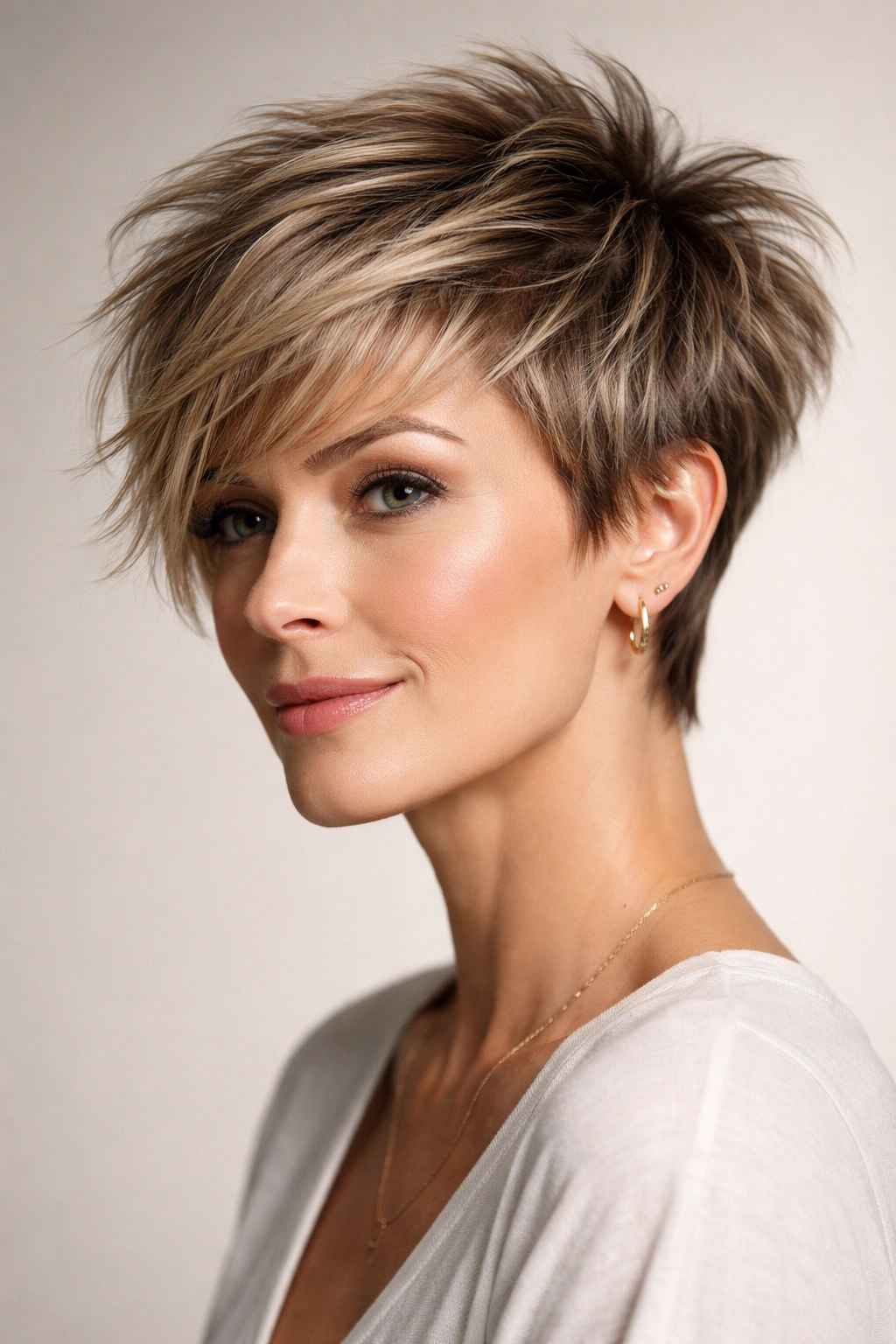 Three-quarter view of a choppy pixie with uneven chunky layers