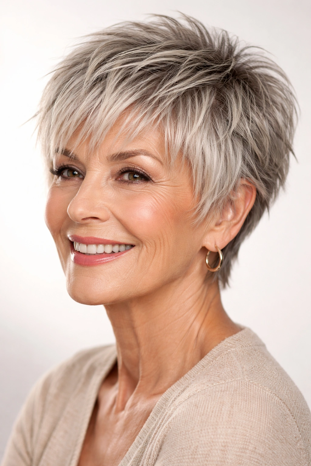 Choppy pixie with textured bangs showing density and edge