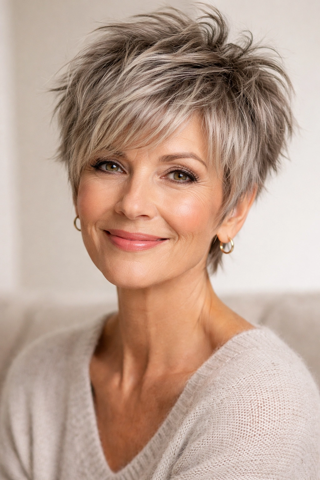 Close-up of a choppy pixie hairstyle with textured layers