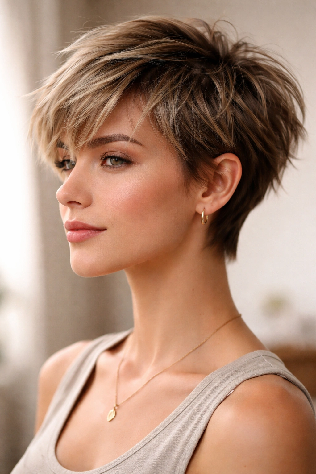 Going Super Short 15 Bold Haircuts To Consider 15 Close-up of a person with a choppy pixie haircut with textured layers