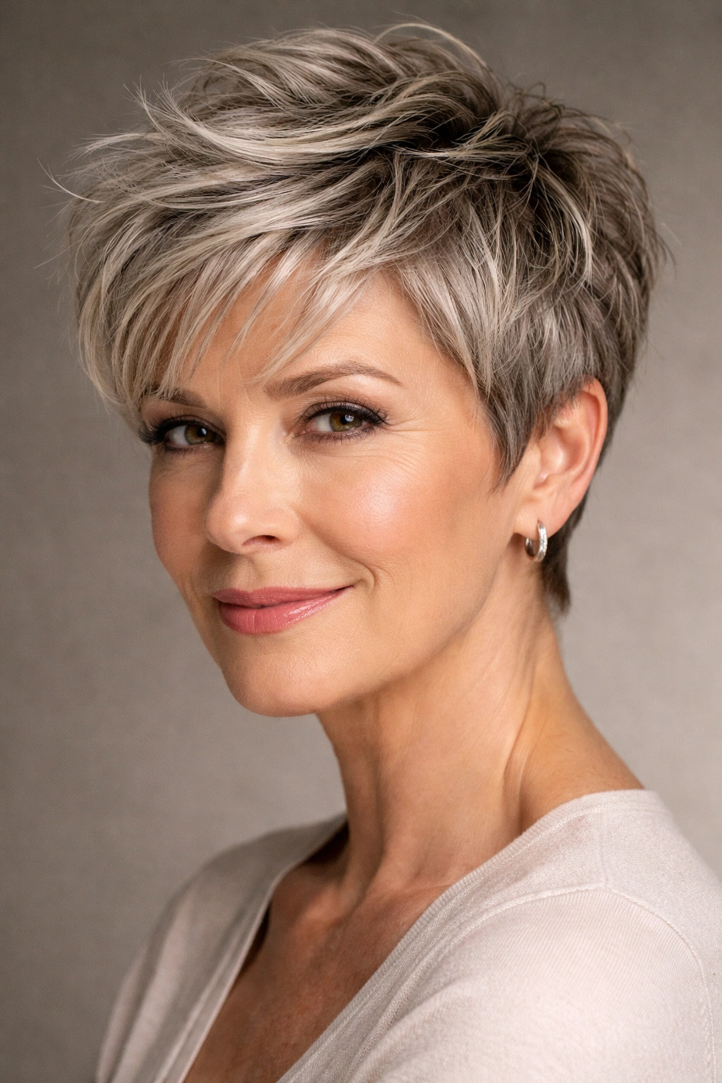 Choppy pixie hairstyle with textured layers on thin hair.